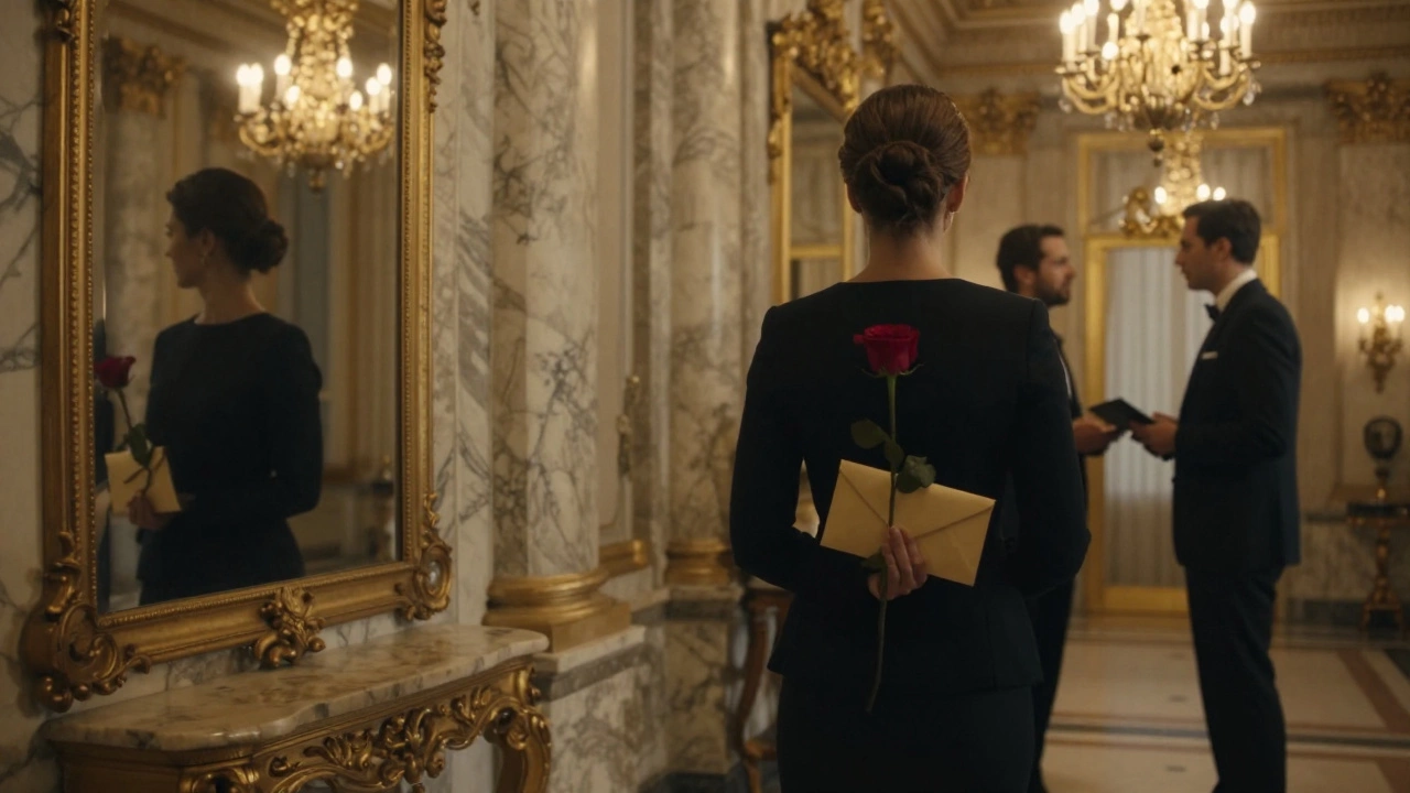 An elegant escort walks through Hôtel de Paris, her reflection in a gilded mirror as staff exchange silent acknowledgments behind her.