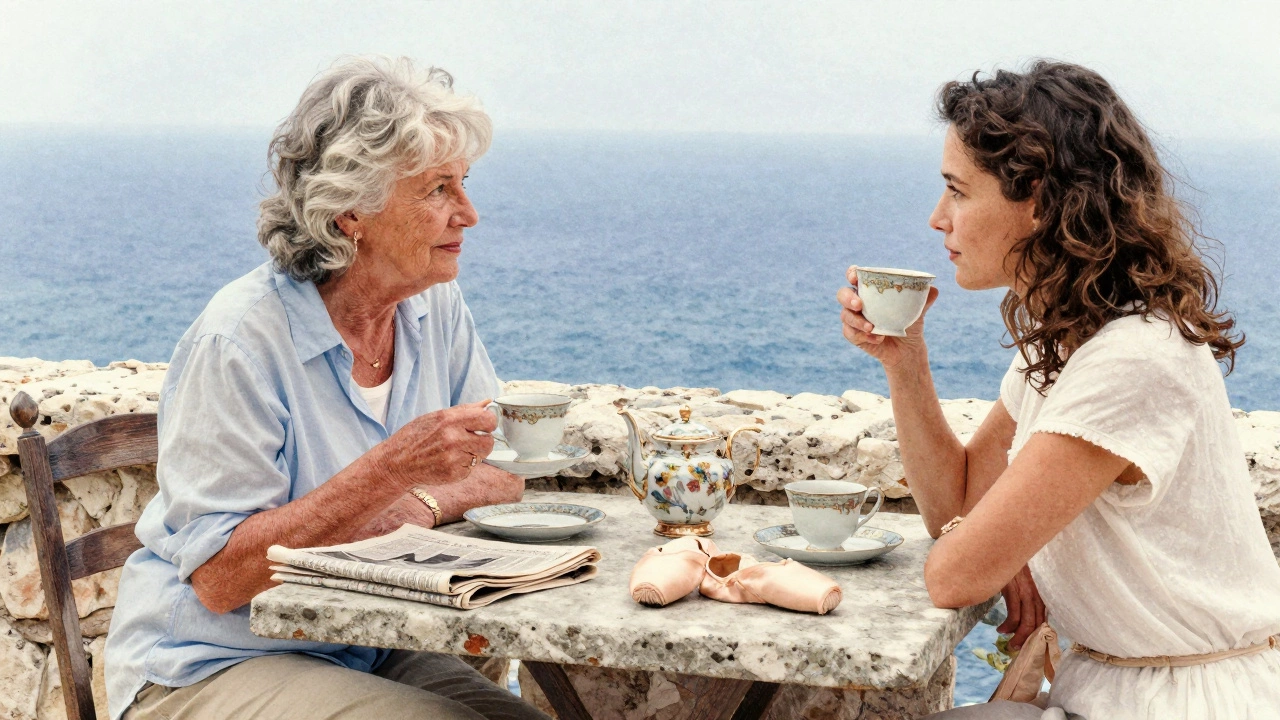 Two women share tea at a Mediterranean villa, morning light filtering through olive trees, a ballet slipper and porcelain cup beside them.
